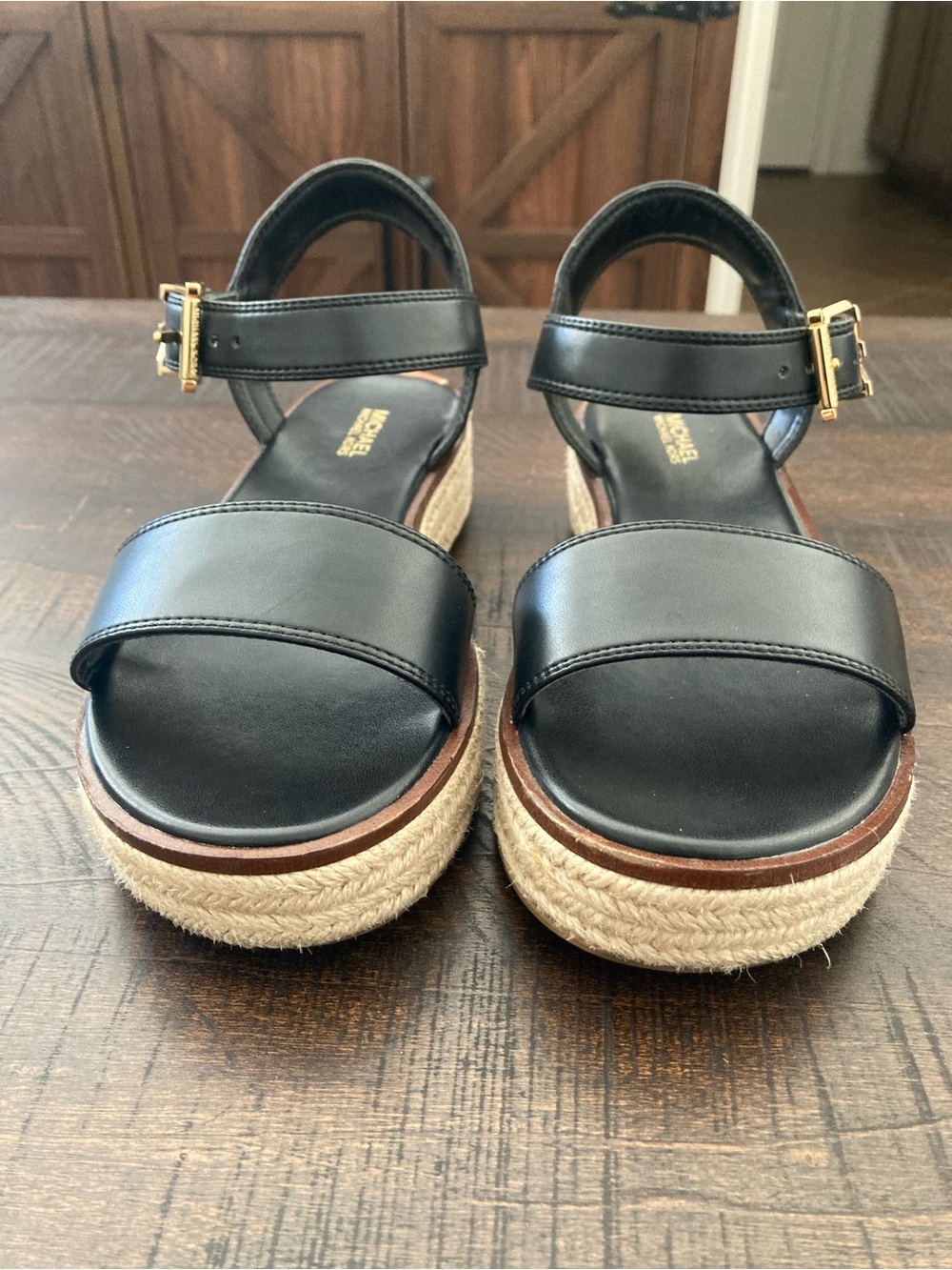 Michael Kors Black Leather Espadrille Platform Sandals – Gold MK Buckle Size 6